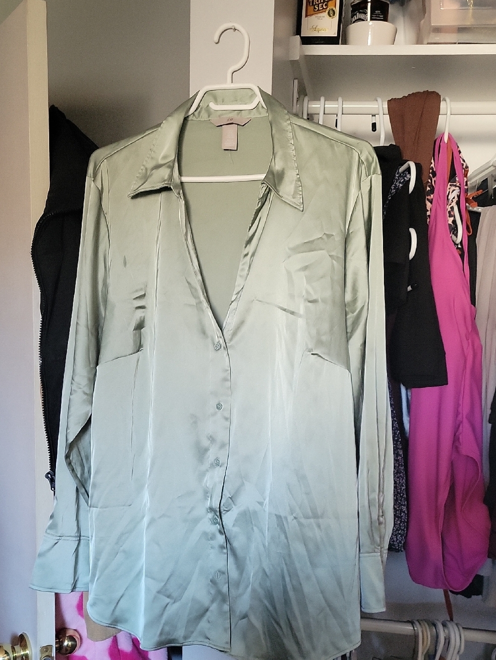 H&M BRAND NEW Satin Button-Up Blouse in Sage Green